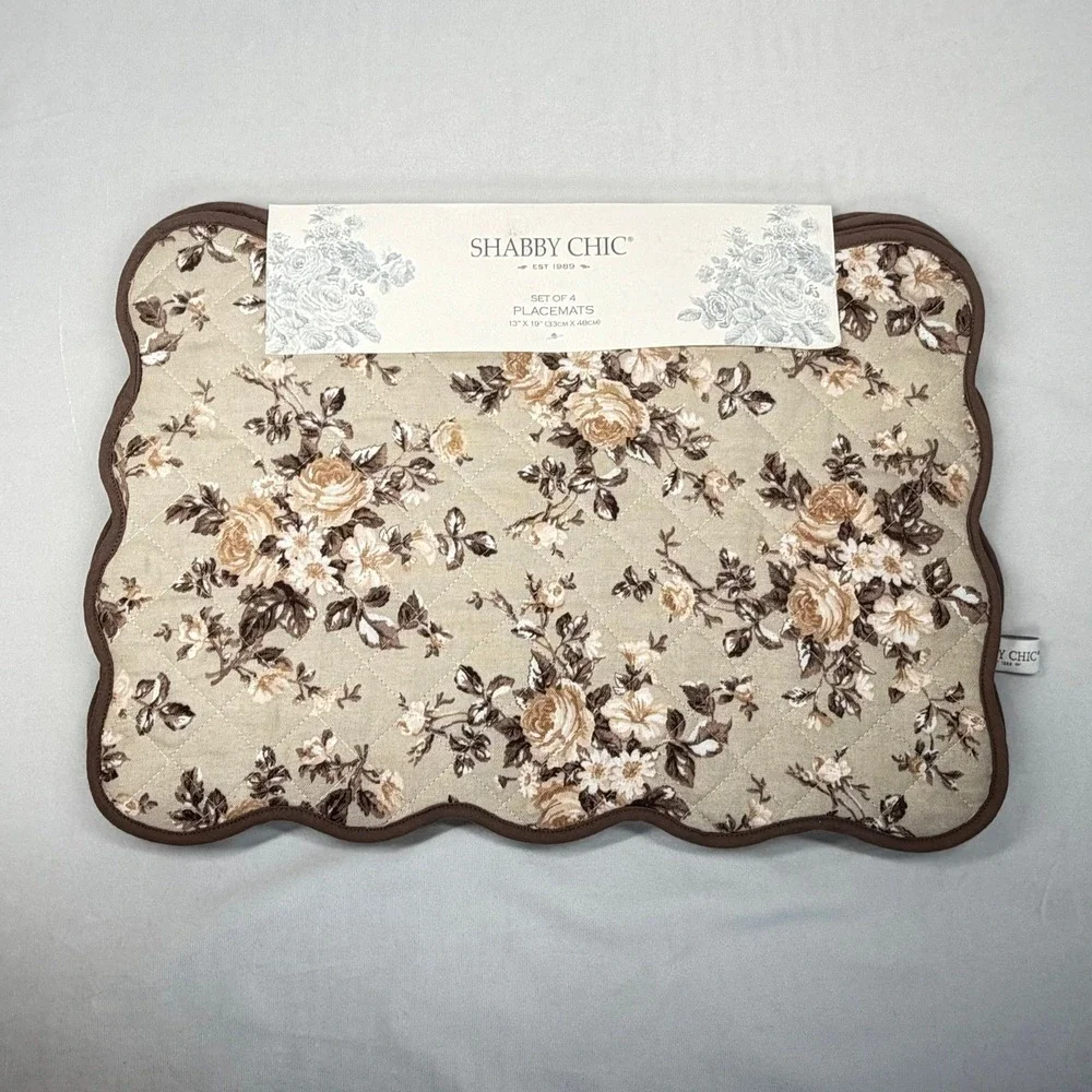 Shabby Chic Floral Quilted Placemats Set of 4 Tan Brown Roses Scalloped 13x19